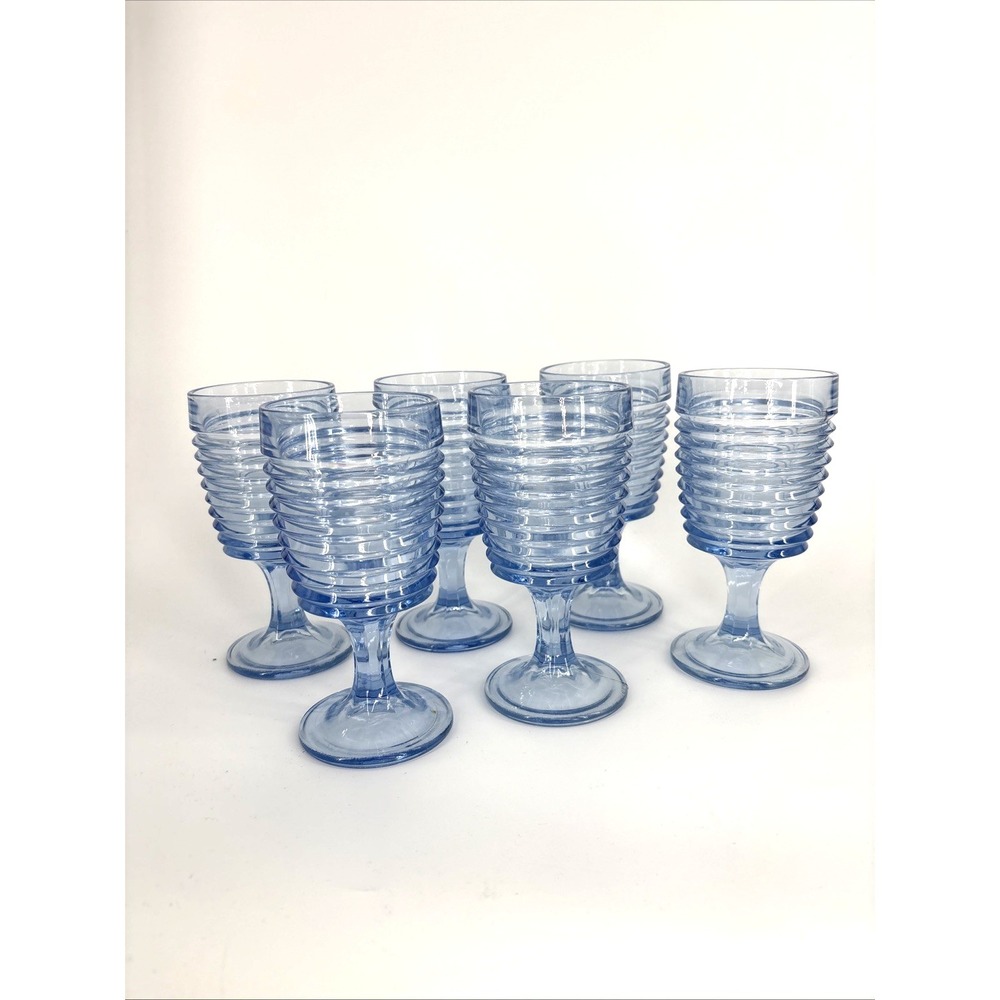 Anchor Hocking Park Avenue Goblets ICE BLUE Lot of 6 Ribbed Fluted Art Deco